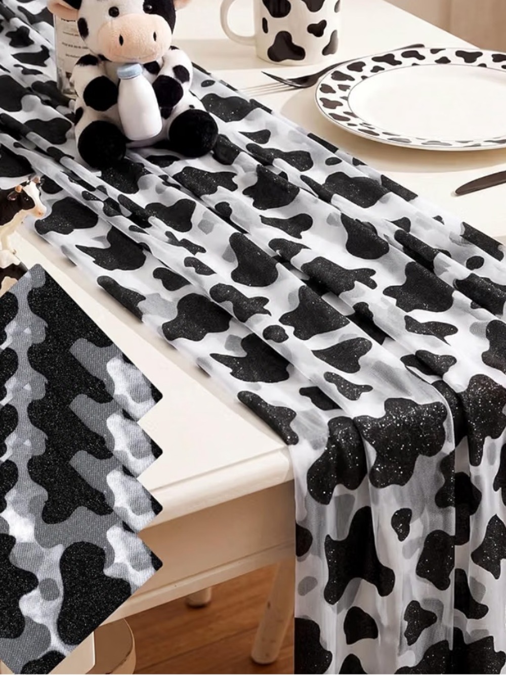 Black and White Cow Print Table Runner - Farmhouse Party Decor